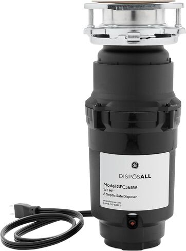 GE Disposall Continuous Feed 1/2 HP Motor Garbage Disposer, Good for Grinding: Cooked Meat, Beans, & Seeds, Universal 3 Bolt Install & Power Cord Included, Recommended for 2-4 Person Homes, GFC565W | Continuous Feed, Jam Resistant Technology, Quiet Motor, in Kuwait