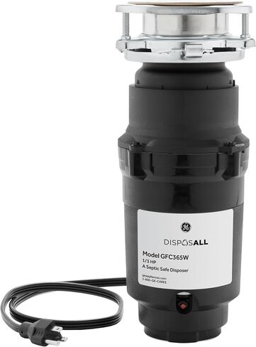 GE Disposall Continuous Feed 1/2 HP Motor Garbage Disposer, Good for Grinding: Cooked Meat, Beans, & Seeds, Universal 3 Bolt Install & Power Cord Included, Recommended for 2-4 Person Homes, GFC565W | Continuous Feed, Jam Resistant Technology, Quiet Motor, in Kuwait