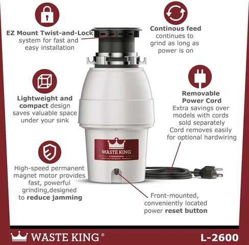 Waste King Legend Series Continuous Feed Garbage Disposal for Kitchen Sink with Power Cord, L-2600 in Kuwait