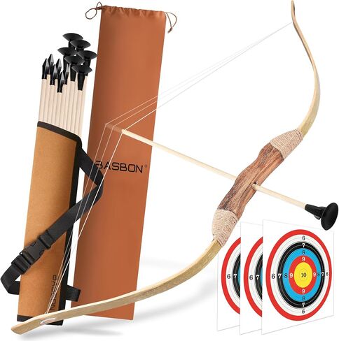 Kids Bow and Arrow Set, 32 Inch Archery Set Handmade Wooden Toy Bow and Arrow for Kids 4-6 8-12, Costume Prop Gifts for Youth Boys & Girls with 6 Rubber Tip Arrows and 6 Suction Cup Arrows in Kuwait