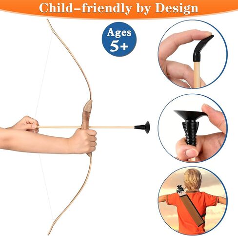 Kids Bow and Arrow Set, 32 Inch Archery Set Handmade Wooden Toy Bow and Arrow for Kids 4-6 8-12, Costume Prop Gifts for Youth Boys & Girls with 6 Rubber Tip Arrows and 6 Suction Cup Arrows in Kuwait