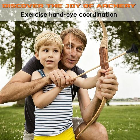 Kids Bow and Arrow Set, 32 Inch Archery Set Handmade Wooden Toy Bow and Arrow for Kids 4-6 8-12, Costume Prop Gifts for Youth Boys & Girls with 6 Rubber Tip Arrows and 6 Suction Cup Arrows in Kuwait