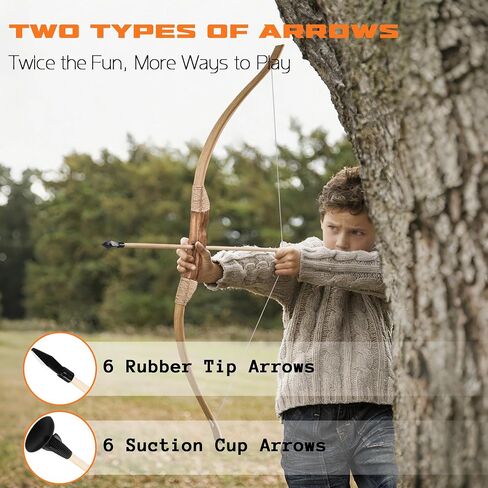 Kids Bow and Arrow Set, 32 Inch Archery Set Handmade Wooden Toy Bow and Arrow for Kids 4-6 8-12, Costume Prop Gifts for Youth Boys & Girls with 6 Rubber Tip Arrows and 6 Suction Cup Arrows in Kuwait