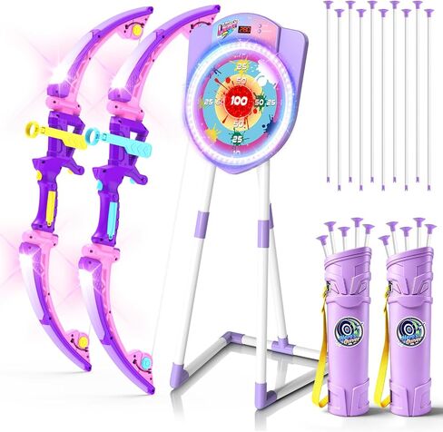 VATOS 2 Pack LED Bow and Arrow for Kids with Auto Scoring, Light Up Archery Set with 10 Suction Cup Arrows, 2 Quivers, LED Archery Target, Indoor Outdoor Backyard Toy Gift in Kuwait