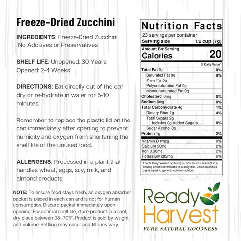 Ready Harvest Freeze Dried Food - Zucchini | Emergency Vegetables | Canned Alternative | #10 Can | 25-Year Shelf Life | Cans Filled to the Top in Saudi Arabia