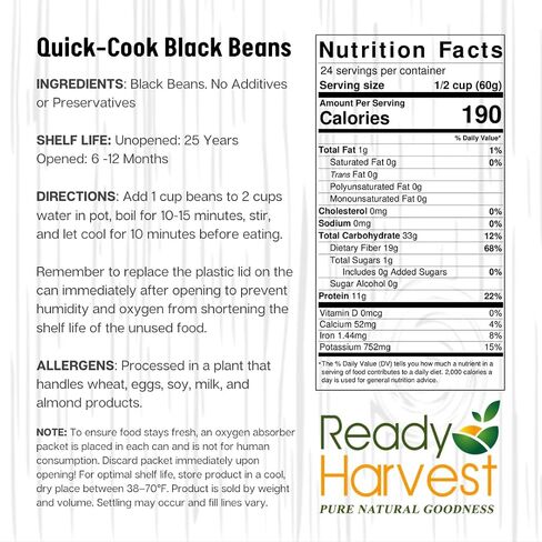 Ready Harvest Emergency Food - Quick-Cook Black Beans | Pre-cooked Beans, Just add hot Water | #10 Can | 25-Year Shelf Life | 3 lbs | Cans Filled to the Top in Saudi Arabia