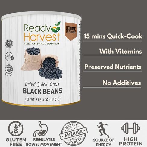 Ready Harvest Emergency Food - Quick-Cook Black Beans | Pre-cooked Beans, Just add hot Water | #10 Can | 25-Year Shelf Life | 3 lbs | Cans Filled to the Top in Saudi Arabia