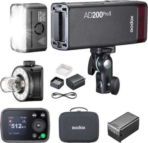 فلاش جيب Godox AD200Pro II 200ws TTL، نظام متعدد الرؤوس، تبديد حرارة محسن، إعادة تدوير 0.01-1.8 ثانية، مخرج 1/512-1/1 500 ومضة طاقة كاملة، ضوء نمذجة ثنائي اللون، شاشة ملونة ومؤشر in Kuwait