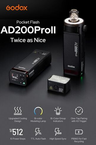فلاش جيب Godox AD200Pro II 200ws TTL، نظام متعدد الرؤوس، تبديد حرارة محسن، إعادة تدوير 0.01-1.8 ثانية، مخرج 1/512-1/1 500 ومضة طاقة كاملة، ضوء نمذجة ثنائي اللون، شاشة ملونة ومؤشر in Kuwait