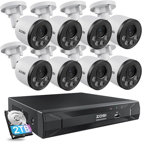 ZOSI 5MP 8CH PoE Home Security Camera System, 8X 4MP Metal Cameras, 2TB HDD | IP66 Weatherproof, Human Detection, 100ft Night Vision, H.265+ 5MP NVR with 2TB HDD, for 24-7 Video & Audio Recording in Kuwait