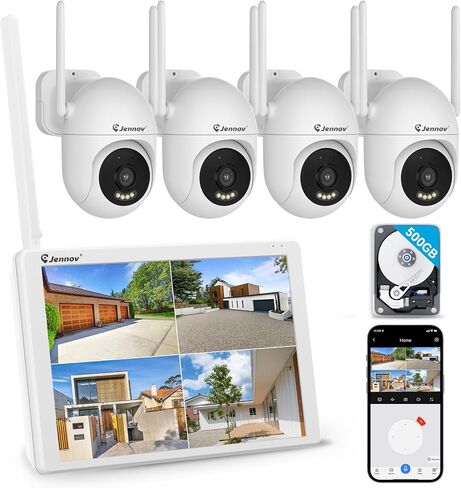 Jennov 5MP WiFi Security Camera System with Monitor, 4 Plug-in Cameras | 10CH NVR with 500GB HDD, No Subscription Recording, Color Night Vision, Wireless Video Signal, Motion Alerts, IP66 Outdoor in Saudi Arabia