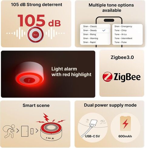 SONOFF Indoor Zigbee Siren SNZB-09P | 105 dB audible and visual alarm, linked sensor, dual power supply modes, compatible with Home Assistant in Saudi Arabia