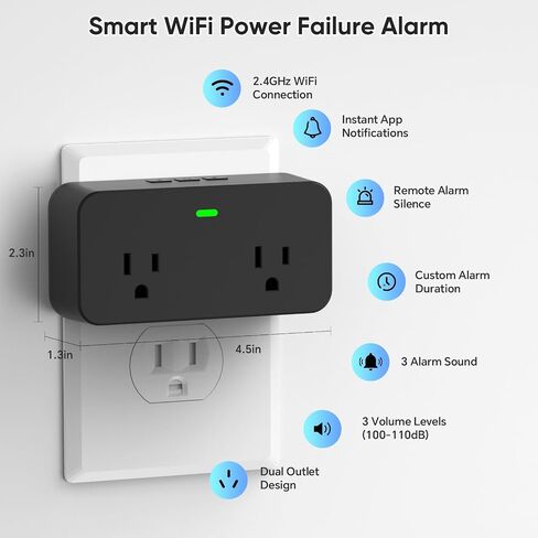 WiFi Power Failure Alarm with Tuya APP Alert for Freezer, GFCI Trip | Remote Silence, Loud 110dB, Custom Alarm Settings, 3 Volume Levels, 3 Alarm Tones, 2.4GHz Wi-Fi Only in Saudi Arabia