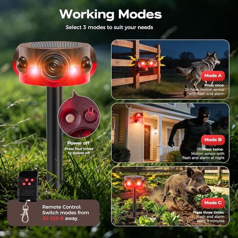 Solar Outdoor Motion Sensor Alarm - 30s Custom Recording, 120dB Siren | 14 Sounds, 360° Motion Detector Alarm with Remote Controller for Home, Villa, Farm, Barn in Saudi Arabia