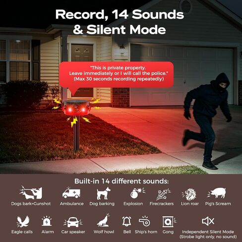 Solar Outdoor Motion Sensor Alarm - 30s Custom Recording, 120dB Siren | 14 Sounds, 360° Motion Detector Alarm with Remote Controller for Home, Villa, Farm, Barn in Saudi Arabia