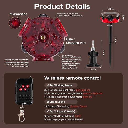 Solar Outdoor Motion Sensor Alarm - 30s Custom Recording, 120dB Siren | 14 Sounds, 360° Motion Detector Alarm with Remote Controller for Home, Villa, Farm, Barn in Saudi Arabia