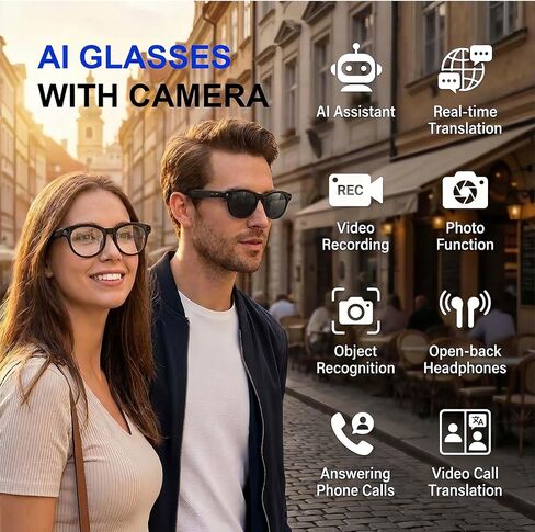 AI Smart Glasses with Camera, 4K HD Video Recording Sunglasses | Photo Capture,Real-Time Translation,Object Recognition,Open-Ear Music, Bluetooth Calls, AI Assistant in Saudi Arabia