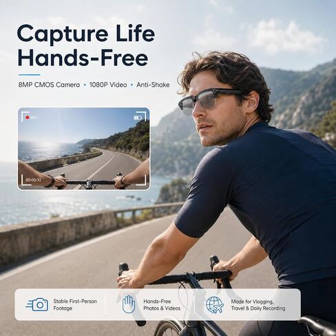 AI Smart Glasses with camera, Continuous AI Chat, 8MP Camera Glasses, 1080P Recording Glasses for Men Women,Hands-Free Music & Calls,Real-Time Translation,Ideal for Business Meetings,Travel,&Daily Use in Saudi Arabia