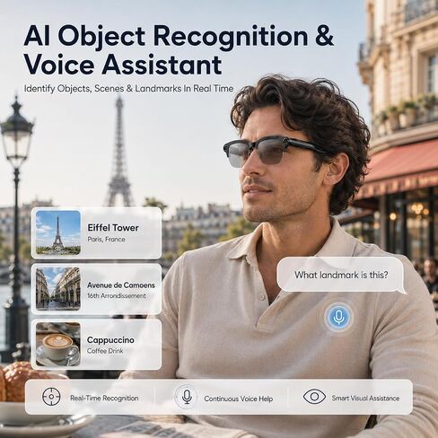 AI Smart Glasses with camera, Continuous AI Chat, 8MP Camera Glasses, 1080P Recording Glasses for Men Women,Hands-Free Music & Calls,Real-Time Translation,Ideal for Business Meetings,Travel,&Daily Use in Saudi Arabia