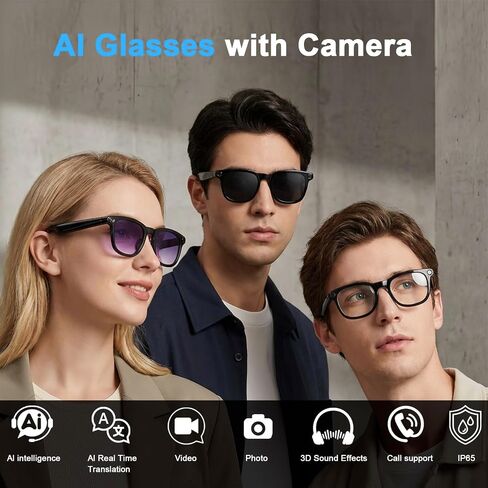 AI Smart Glasses with Camera, 8MP HD Bluetooth Camera Glasses for Women Men | 1080P Video Recording Sunglasses, Real Time Translation, Voice Assistant, Open Earbuds, Travel, Work, Vlog, (3 lenses) in Saudi Arabia