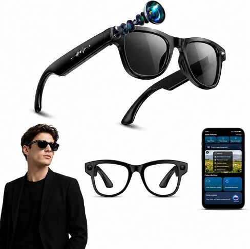 New AI Smart Glasses with Camera, 8MP 4K Video Recording Glasses with Photo | Hands-free Photo/Video, ChatGPT AI, 139 languages translation, Open-ear audio, Travel & vlogging, Sunglasses & Clear Included in Saudi Arabia