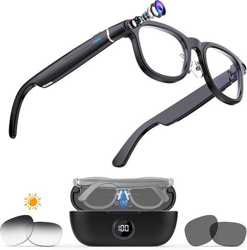 Coucur AI Smart Glasses with Camera,4K Video Recording Glasses(3 Lens) | 1200P EIS+OIS video, 8MP camera, object recognition, voice help, 3600mAh charging case,139+ translation, open-ear audio in Saudi Arabia