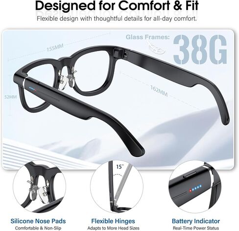 Coucur AI Smart Glasses with Camera,4K Video Recording Glasses(3 Lens) | 1200P EIS+OIS video, 8MP camera, object recognition, voice help, 3600mAh charging case,139+ translation, open-ear audio in Saudi Arabia