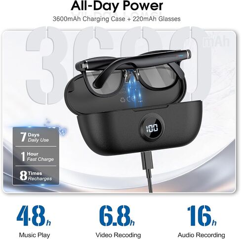 Coucur AI Smart Glasses with Camera,4K Video Recording Glasses(3 Lens) | 1200P EIS+OIS video, 8MP camera, object recognition, voice help, 3600mAh charging case,139+ translation, open-ear audio in Saudi Arabia