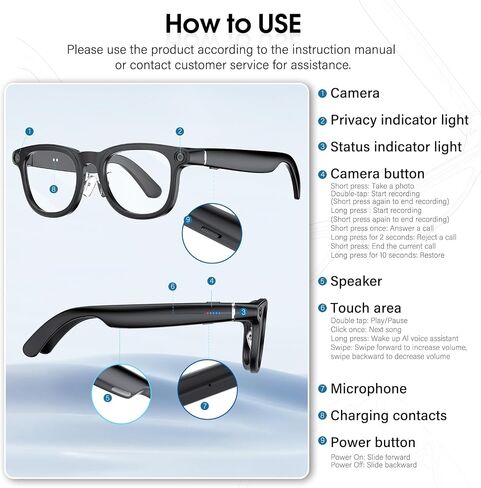 Coucur AI Smart Glasses with Camera,4K Video Recording Glasses(3 Lens) | 1200P EIS+OIS video, 8MP camera, object recognition, voice help, 3600mAh charging case,139+ translation, open-ear audio in Saudi Arabia