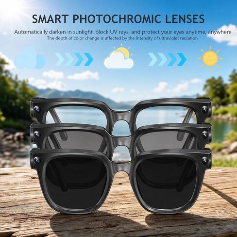 AI Smart Glasses with Camera,4K Photo & Video Capture,Real-Time Translation | 8MP HD Bluetooth Glasses Camera, AI Assistant with Object Recognition, Open Earbuds, Travel, Work, Vlog (Photochromic) in Saudi Arabia