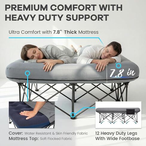 FUNDANGO Queen Camping Cot with Electric Pump and Air Mattress, 80 x 60 in | Removable & Washable Cover, Folding Frame, Cup Holders, Carry Bag, for Tent in Kuwait
