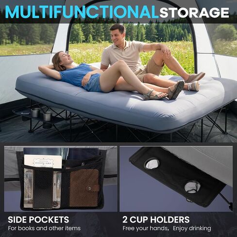 FUNDANGO Queen Camping Cot with Electric Pump and Air Mattress, 80 x 60 in | Removable & Washable Cover, Folding Frame, Cup Holders, Carry Bag, for Tent in Kuwait