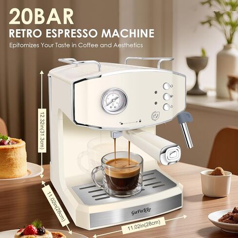 Retro-Style Espresso Machine with Milk Frother, ESE Pod Compatible Coffee Make with Pressure Gauge, Single &Double Shot Support, 54 oz Food-Grade PP Removable Water Tank, Ideal for Home Barista in Saudi Arabia