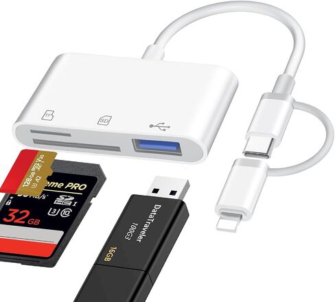 SD Card Reader for iPhone iPad Mac, Lightning & USB-C Dual Connectors Memory Card Reader with SD/Micro SD/USB-A 3 Slots, Digital Camera Adapter to iPhone, Plug & Play in Saudi Arabia