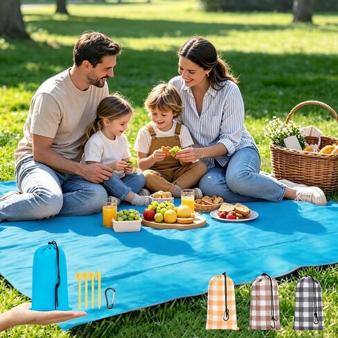 Fammart Pocket Picnic Blanket Sandproof Waterproof, Portable Lightweight Camping Tarp, Quick Dry Foldable Compact Beach Mat with Corner Pockets & Stakes for Festivals Hiking Outdoor Essentials in Kuwait