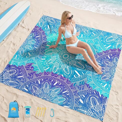 Aroveea Beach Blanket Waterproof Sandproof 78''X81''/10'X9' Oversized Mat | 100% polyester lightweight mat; machine washable; compact case included; for 1-5 adults outdoor picnic travel camping hiking in Saudi Arabia