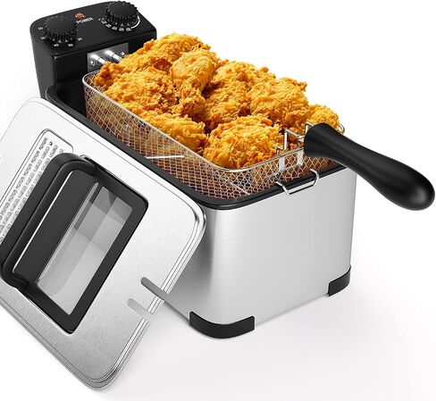 5.3QT Electric Deep Fryer with 3 Baskets, SIMOE 5L Stainless Steel Deep Fryer w/60 Timer & Lid with View Window, Home Countertop Oil Fryer w/Temperature Control for Kitchen, Party, French Fries in Saudi Arabia
