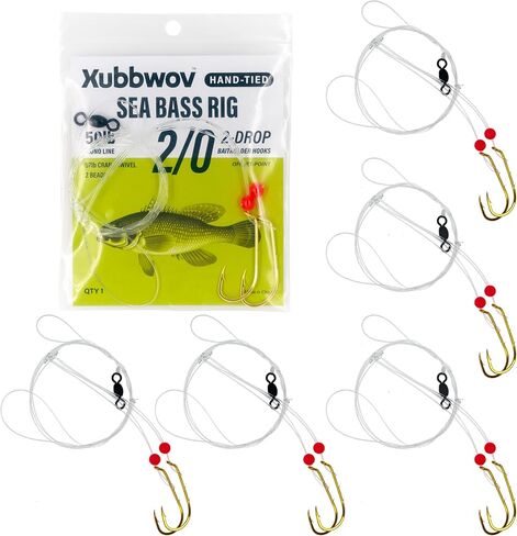 Sea Bass Rig, 6-Pack Hi-Lo Rigs for Porgy, Hooks Size 2/0, 3/0 | Hand-Tied Saltwater Fishing Rigs with Gold Baitholder hooks, 50lb Mono Leader, Sinker Loop & 97lb Swivel for Bottom Fishing in Saudi Arabia