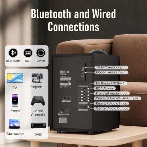 Bobtot Wireless Surround Sound System Home Theater System | 1000W Surround Speakers 8" Subwoofer 5.1/2.1 Channel Deep Bass with ARC Optical Bluetooth Karaoke Input in Saudi Arabia