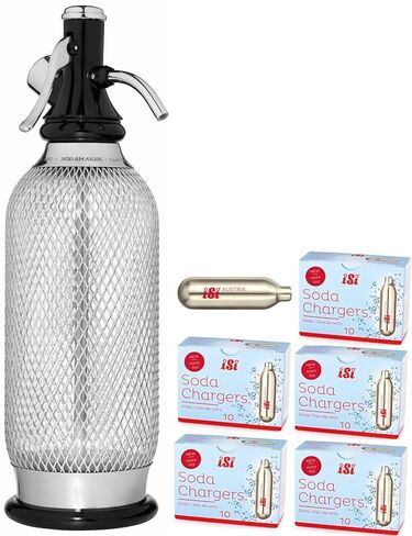 iSi North America Classic Sodamaker Set with Soda Siphon Chargers, 50-Pack - Stainless Steel 1-Quart Sparkling Water System & CO2 Carbonation Chargers for Carbonated Drinks, Juices, Cocktails in Saudi Arabia