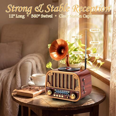 Retro Portable AM/FM/SW Radio with Bluetooth – Turntable-Styled Wooden Design, USB-C Rechargeable, TF Card & AUX Input, Great Gift for Seniors & Parents in Saudi Arabia