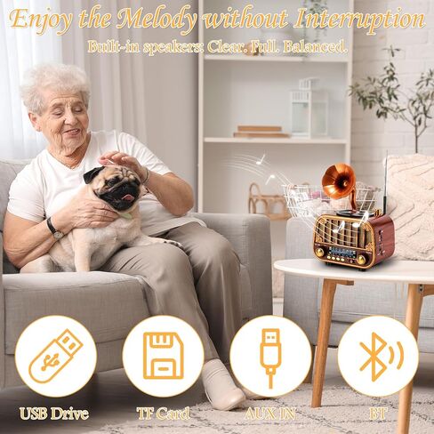 Retro Portable AM/FM/SW Radio with Bluetooth – Turntable-Styled Wooden Design, USB-C Rechargeable, TF Card & AUX Input, Great Gift for Seniors & Parents in Saudi Arabia