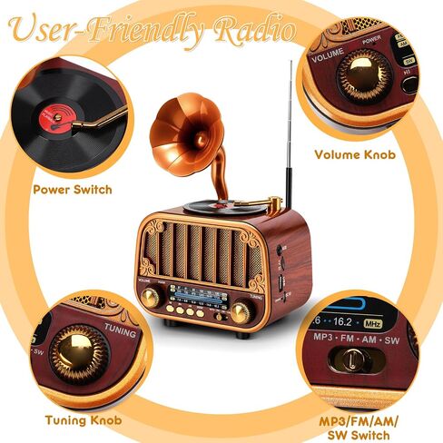 Retro Portable AM/FM/SW Radio with Bluetooth – Turntable-Styled Wooden Design, USB-C Rechargeable, TF Card & AUX Input, Great Gift for Seniors & Parents in Saudi Arabia