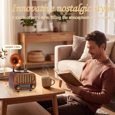Retro Portable AM/FM/SW Radio with Bluetooth – Turntable-Styled Wooden Design, USB-C Rechargeable, TF Card & AUX Input, Great Gift for Seniors & Parents in Saudi Arabia