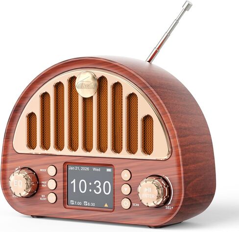 Retro FM Radio with Bluetooth Speaker & NOAA Weather Alert | 40 FM Presets + 7 Weather Bands, 2" Color Display, Dual Alarm, Rechargeable Battery, MicroSD Playback for Home & Office in Saudi Arabia