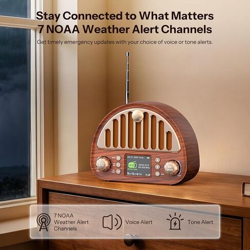 Retro FM Radio with Bluetooth Speaker & NOAA Weather Alert | 40 FM Presets + 7 Weather Bands, 2" Color Display, Dual Alarm, Rechargeable Battery, MicroSD Playback for Home & Office in Saudi Arabia