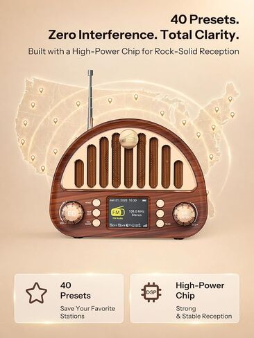 Retro FM Radio with Bluetooth Speaker & NOAA Weather Alert | 40 FM Presets + 7 Weather Bands, 2" Color Display, Dual Alarm, Rechargeable Battery, MicroSD Playback for Home & Office in Saudi Arabia