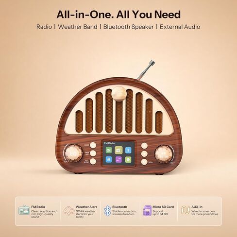 Retro FM Radio with Bluetooth Speaker & NOAA Weather Alert | 40 FM Presets + 7 Weather Bands, 2" Color Display, Dual Alarm, Rechargeable Battery, MicroSD Playback for Home & Office in Saudi Arabia