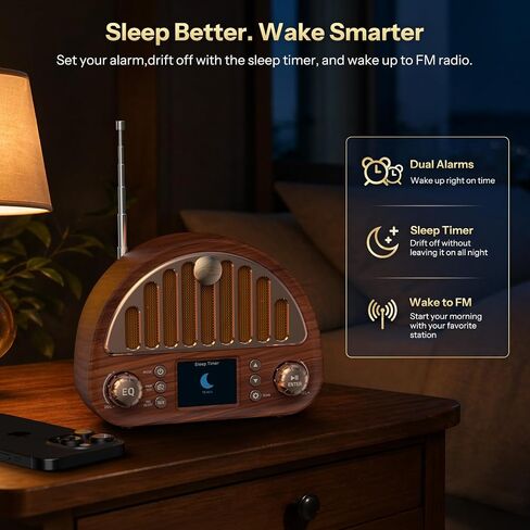Retro FM Radio with Bluetooth Speaker & NOAA Weather Alert | 40 FM Presets + 7 Weather Bands, 2" Color Display, Dual Alarm, Rechargeable Battery, MicroSD Playback for Home & Office in Saudi Arabia