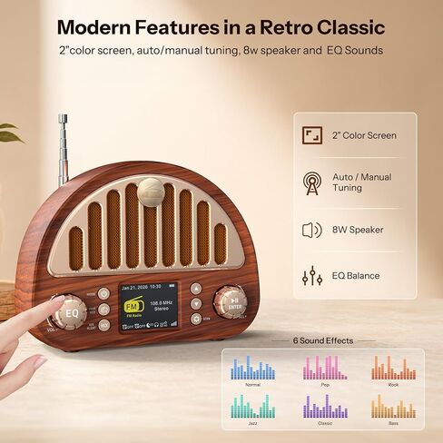 Retro FM Radio with Bluetooth Speaker & NOAA Weather Alert | 40 FM Presets + 7 Weather Bands, 2" Color Display, Dual Alarm, Rechargeable Battery, MicroSD Playback for Home & Office in Saudi Arabia